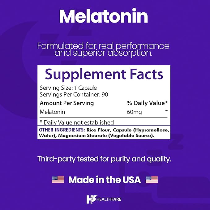 HealthFare Melatonin 60mg | Pack of 2 | 90 Veg Capsules Each | High-Strength Formula | Vegetarian Non-GMO Gluten-Free | Made in the USA