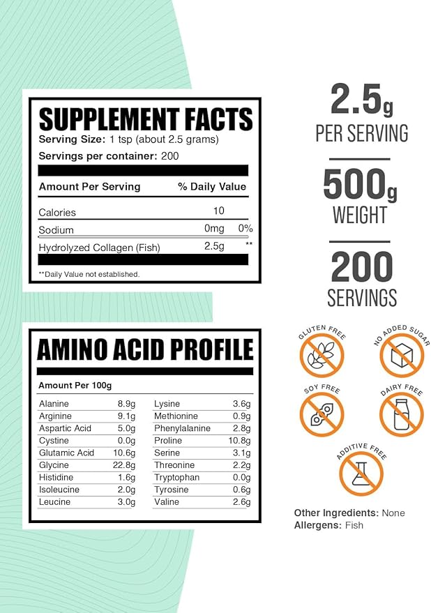 BulkSupplements.com Marine Collagen Powder - Marine Collagen Peptides Supplement for Hair Skin &amp Nails - Hydyrolyzed &amp Gluten Free 2.5g per Serving 500g (1.1 lbs) (Pack of 1)