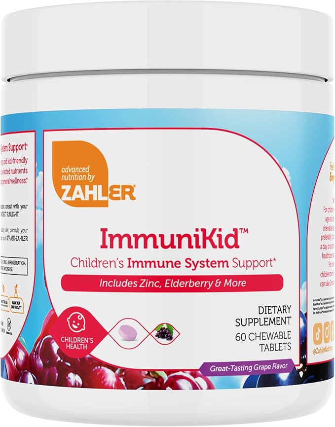 Zahler Kids Immune Support Supplement with Elderberry Zinc and Vitamin C D3 A - Grape Flavored Chewable Tablets - Kosher Children's Immune Support for Kids Ages 4 and Up 60 Count