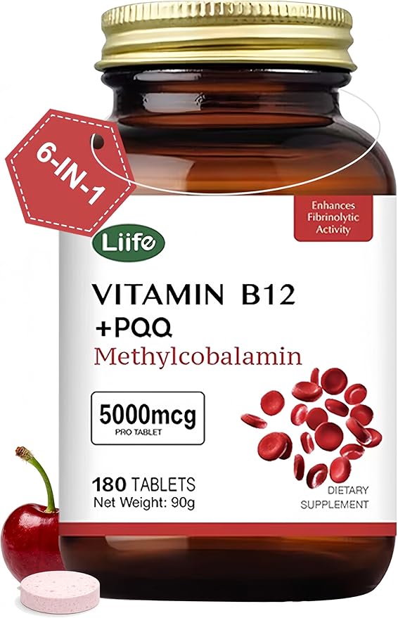 LIIFE Methylcobalamin (Higher PQQ + Vitamin B12) 5000 mcg | Boosts Antioxidant Power &amp Mitochondrial Support Promotes Brain &amp Nerve Health | 180 Chewable Tablets Gluten-Free Formula Cherry