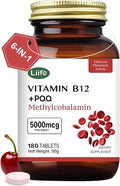 LIIFE Methylcobalamin (Higher PQQ + Vitamin B12) 5000 mcg | Boosts Antioxidant Power &amp Mitochondrial Support Promotes Brain &amp Nerve Health | 180 Chewable Tablets Gluten-Free Formula Cherry