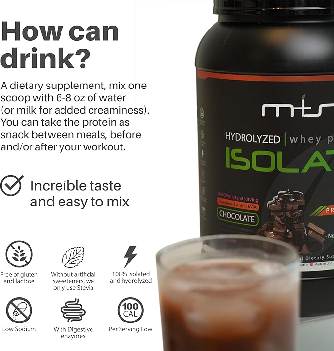 M+S Hydrolyzed Whey Protein Isolate – 25g Protein Low Carb 0g Sugar Grass Fed Whey Isolate Powder with Stevia - Chocolate Flavor - 2.05 lb