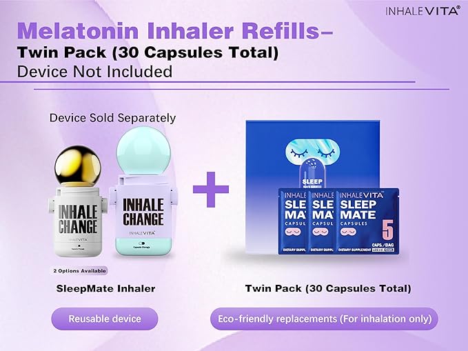 Melatonin Inhaler Sleep Aid Capsules 30 Count（Device Required）| Fast-Acting with Advanced Absorption| 0.4mg Low Dose Zero-Sugar| Wake Refreshed PortableNon-Habit Forming