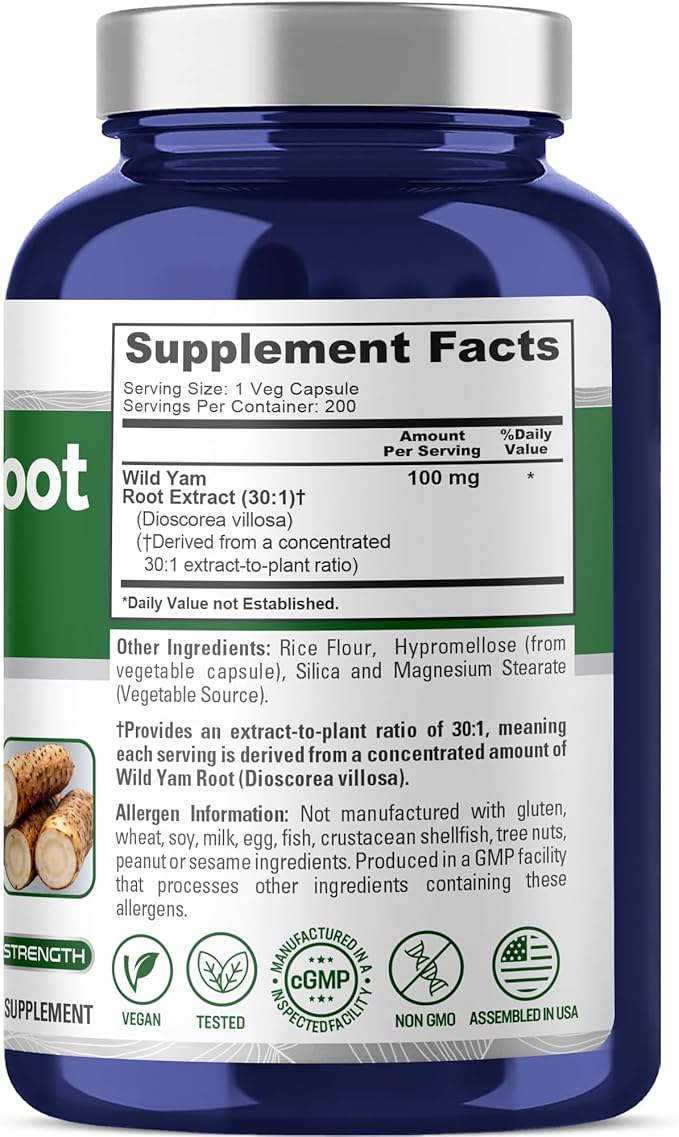 NusaPure Wild Yam Root Capsules 100 mg 200 Veg Capsules (Non-GMO Vegan)