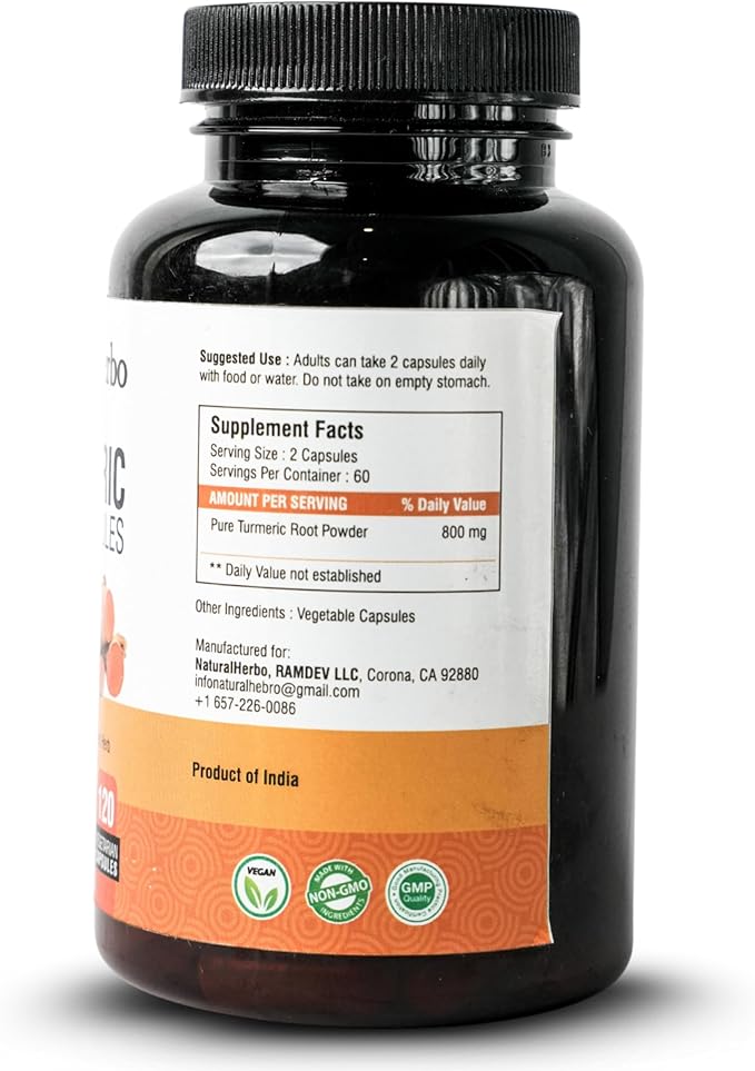Turmeric Capsules - High Potency Turmeric Root Capsules for Joint Support Mobility and Wellness – Non-GMO Gluten-Free Vegan Turmeric Supplement120 Capsules - 800mg