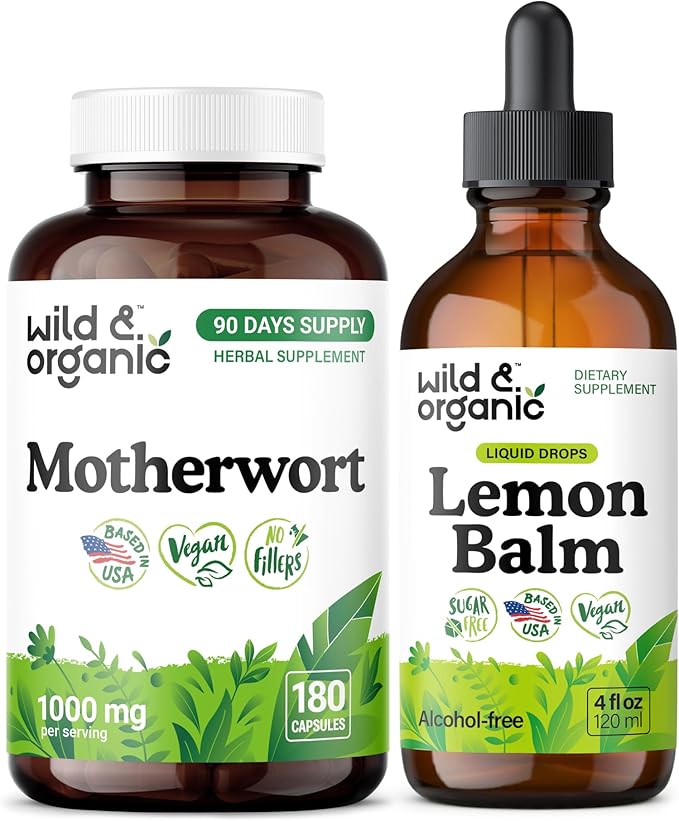 Wild &amp Organic Motherwort 180 Capsules &amp Lemon Balm Tincture 4 fl oz