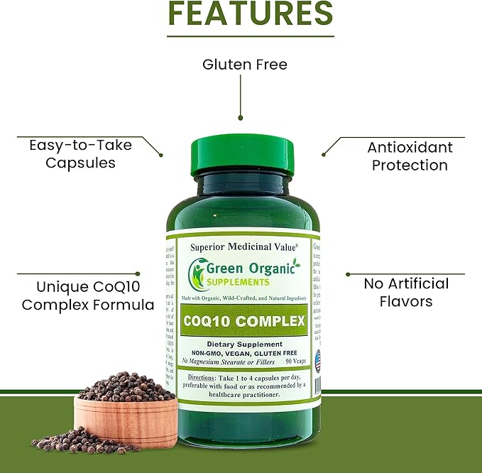 Green Organic Supplements Coq 10 Complex Ubiquinone 90 VCaps High Absorbable Non-GMO Gluten-Free (Pack of 4)