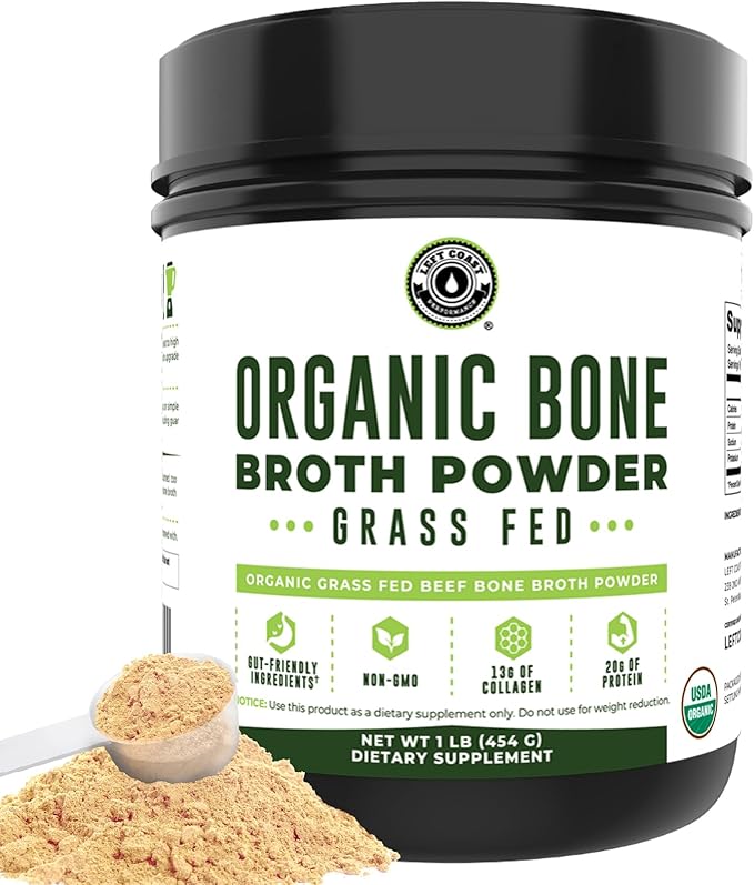16oz Organic Bone Broth Protein Powder from Grass Fed Beef - USDA Certified Organic Single Ingredient Rich in Collagen Glucosamine No Additives Perfect for Carnivore Paleo and Keto Diets