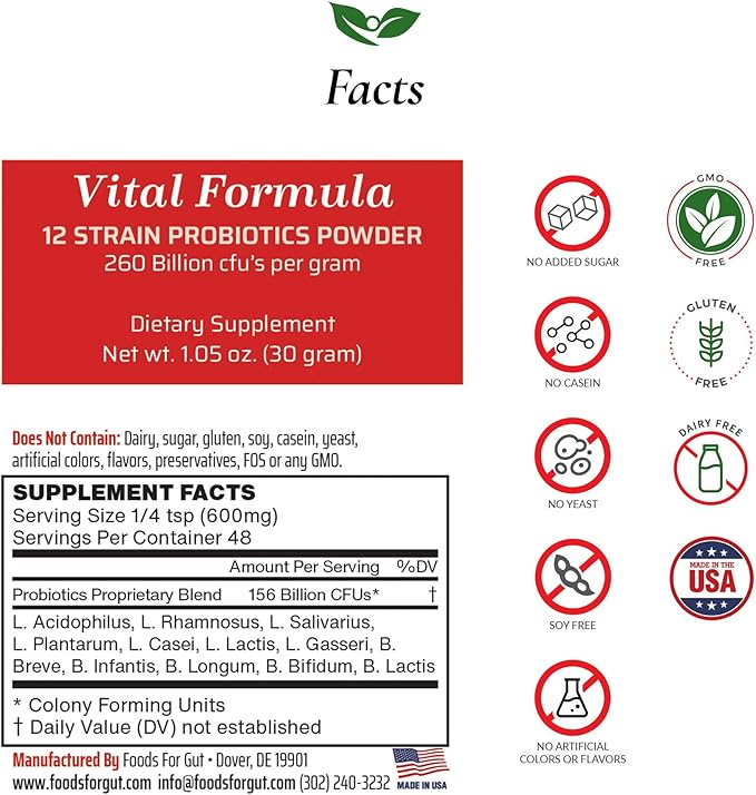 Foods For Gut Vital Formula 12 Strain Probiotics Powder 260 Billion CFU | Made in USA | Digestive &amp Immune Support | High Potency | 30 Grams (1.05 Oz)
