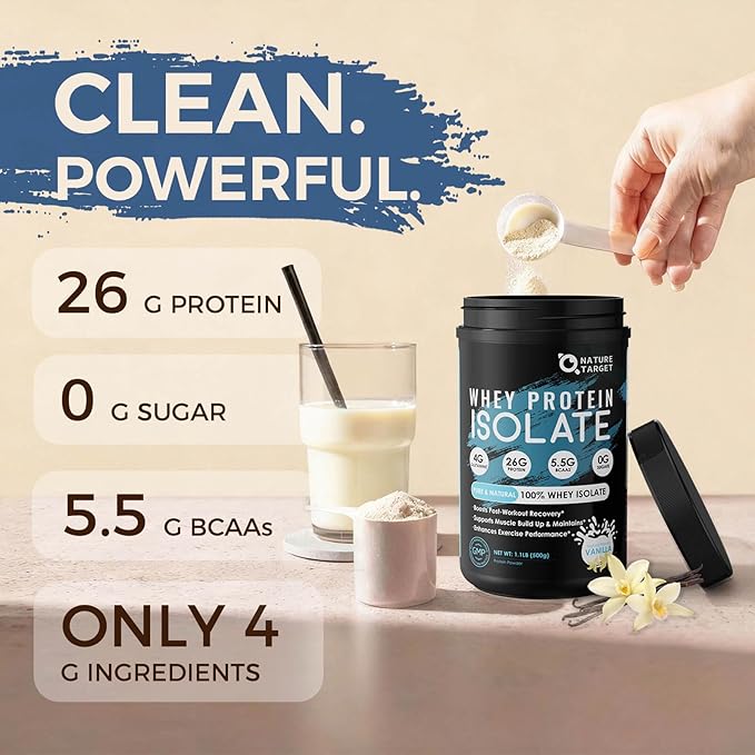 NATURE TARGET Whey Protein Powder - 100% Whey Isolate Protein Powder Vanilla 26G Protein 0 Sugar for Women &amp Men 1.1LB