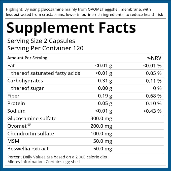 5-Day Fast-Acting Joint Health Supplement - Support for Comfort Cartilage Strength &amp Flexibility - OVOMET Eggshell Membrane Glucosamine Chondroitin MSM &amp Boswellia - Made in Germany 120ct