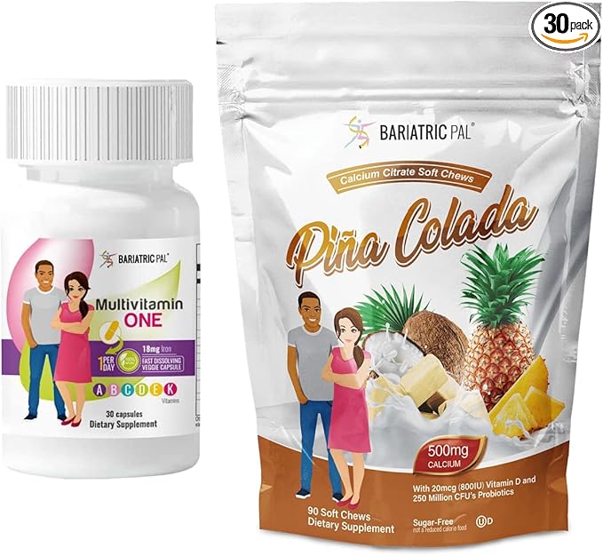 BariatricPal 30-Day Bariatric Vitamin Bundle (Multivitamin ONE 1 per Day! Capsule with 18mg Iron and Calcium Citrate Soft Chews 500mg with Probiotics - Piña Colada)
