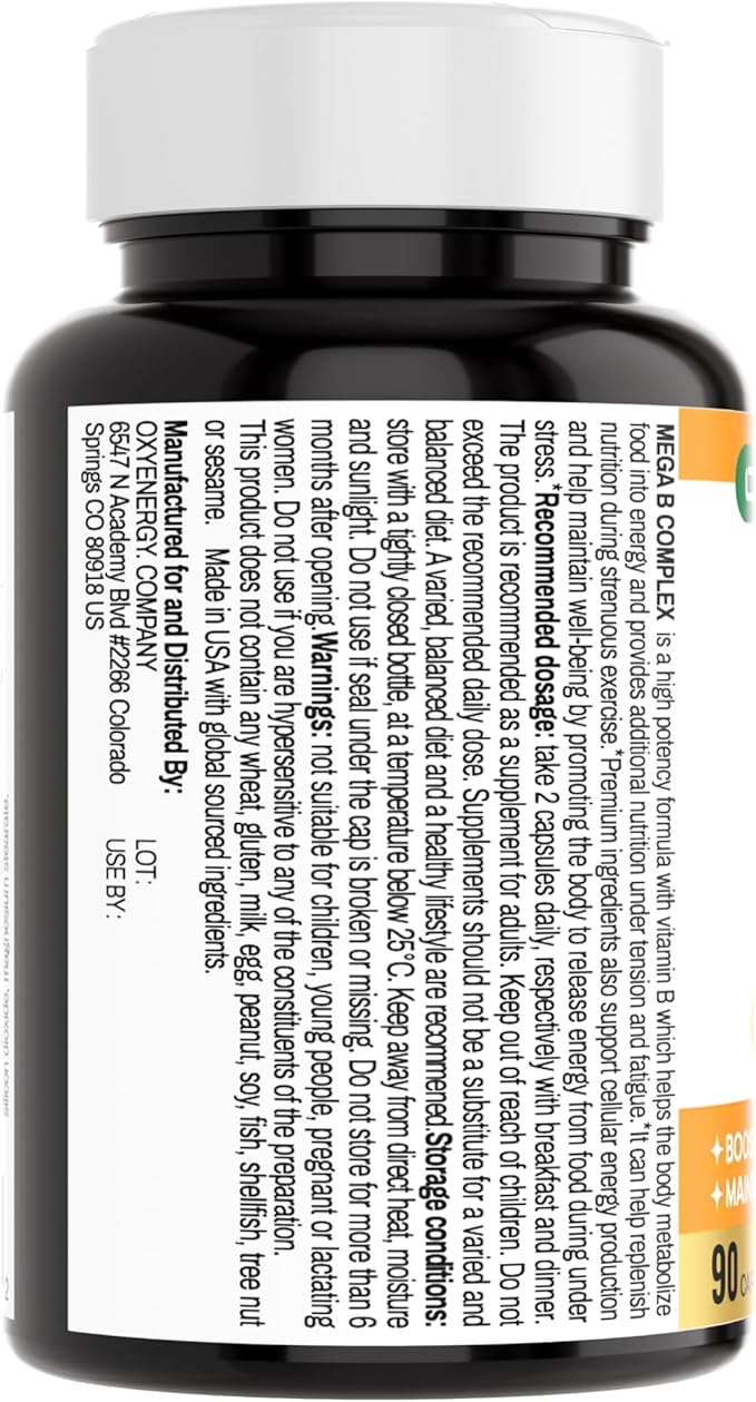 OxyEnergy Mega Vitamin B Complex for Women and Men with Choline Inositol Biotin Folic Acid B1 B2 B3 B5 B6 B12 Neurological Health Support Cellular Energy - 90 Capsules45Days Supply