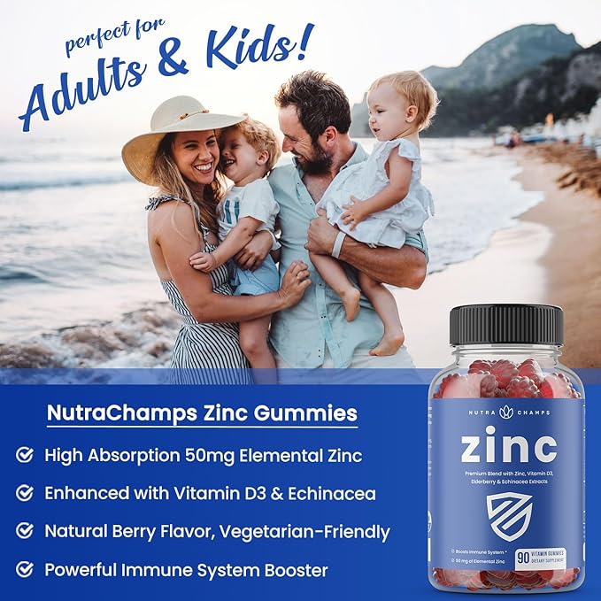 NutraChamps 4-in-1 Zinc Gummies 50mg Chewable Zinc Supplement Gummies with Vitamin D3 2000 IU Elderberry &amp Echinacea Immune Heart &amp Brain Support 180 Count (Pack of 2)
