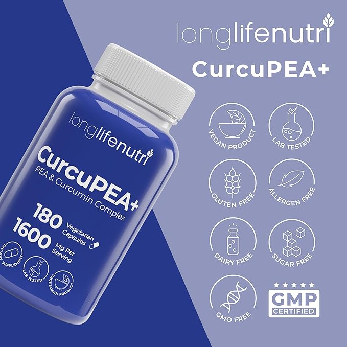CurcuPEA+ (Palmitoylethanolamide + Turmeric Complex 600mg/1000mg) – Derived from Curcumin Longa 180 Vegetarian Capsules Natural Antioxidant 3-Month Supply GMP Certified Vegan Made in USA