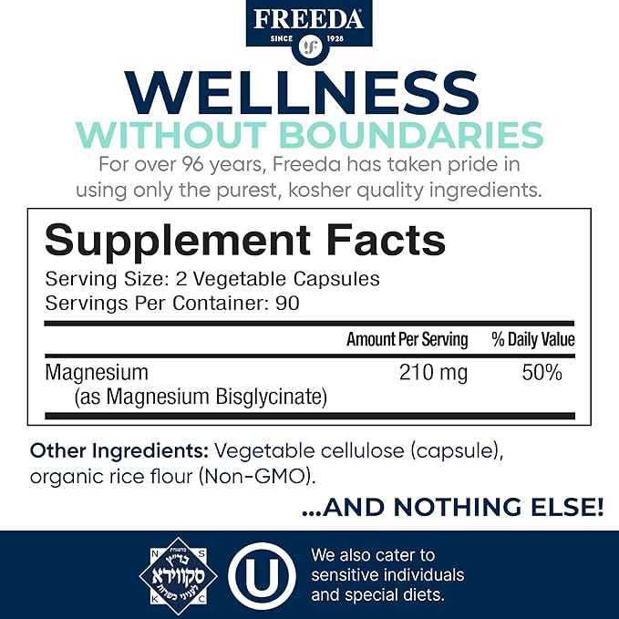 Freeda Magnesium Glycinate | High Absorption Chelated Magnesium | No Oxide | Supports Sleep Muscle &amp Nerve Function | Non-GMO Vegan Kosher | Gentle on Digestion | 180 Capsules
