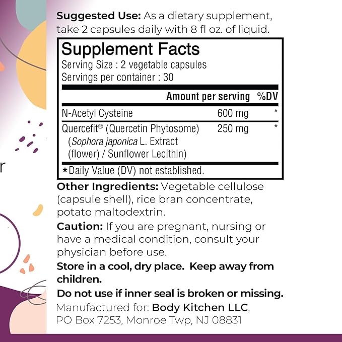 Body Kitchen Mega NAC (N-Acetyl Cysteine) 600 mg with Quercetin Supports Respiratory Health and Immune Function and Promotes Liver and Kidney Detox Veggie Caps (Pack of 1)
