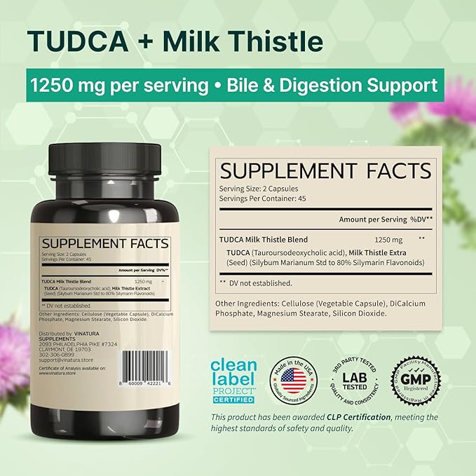 VINATURA TUDCA Milk Thistle 1250mg - Tudca Supplement Tudca Bile Salts Liver Support Gallbladder Supplements *USA Made and Tested* Bile Salts Supplement - 90 Capsules