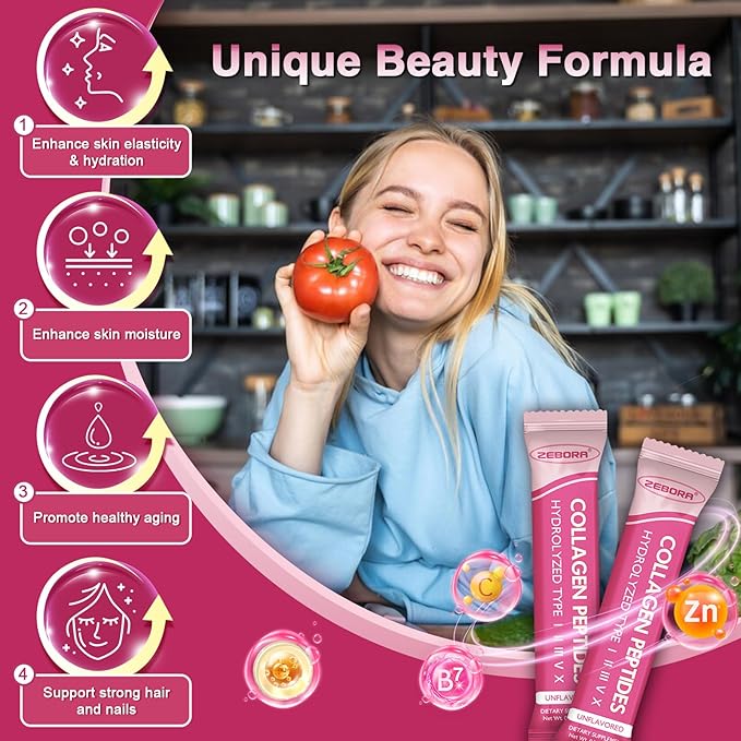 ZEBORA Multi Collagen Peptides Powder Packets with Hyaluronic Acid Biotin MCT - Hydrolyzed Collagen with 5 Billion Probiotics - Support Skin Hair Nail &amp Gut Health - 30 Stick Packs