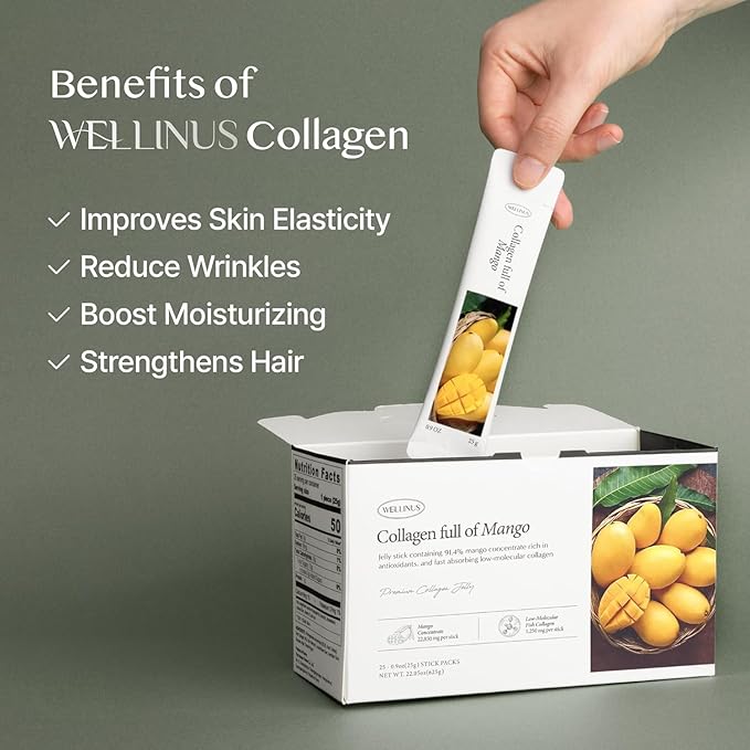 WELLINUS Collagen Jelly Stick Marine Collagen Fast Absorbing Snack Ultra-Low Weight Molecular Marine Collagen HACCP Certified 22.05 oz/Pack of 25 (3 Pack Pomegranate Mango Blueberry)