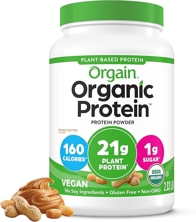 Orgain Organic Vegan Protein Powder Peanut Butter - 21g Plant Protein 7g Prebiotic Fiber Low Net Carb No Dairy Ingredients No Added Sugar For Shakes &amp Smoothies 2.03 lb (Packaging May Vary)