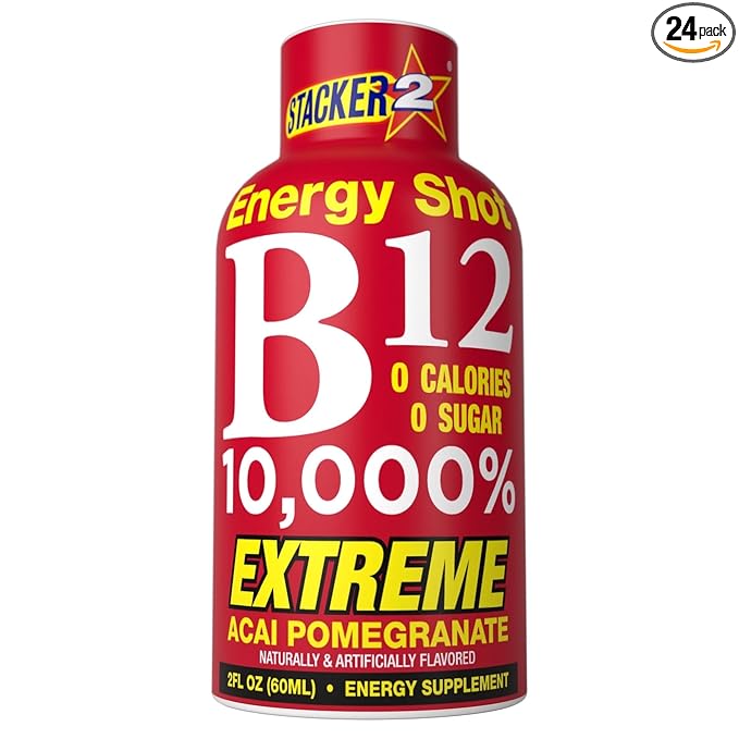 Stacker 2 Vitamin B Complex B12 B6 B3 Liquid Energy Shots - Vegansafe &amp Vegan Cyanocobalamin 10000% DRV - B-6 Pyridoxine 40mg - B3 Niacinamide (Niacin) 20mg - BASED BOX Bundle Pack (2oz Pack of