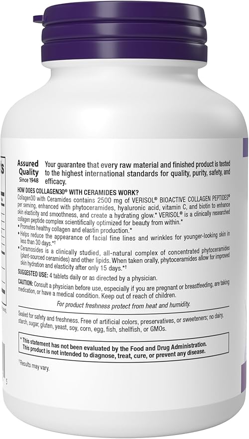 Webber Naturals Collagen30 with Ceramides Bioactive Collagen Peptides 120 Tablets Hydrating Glow Helps Improve Skin Hydration Elasticity &amp Smoothness Non GMO Dairy &amp Gluten Free
