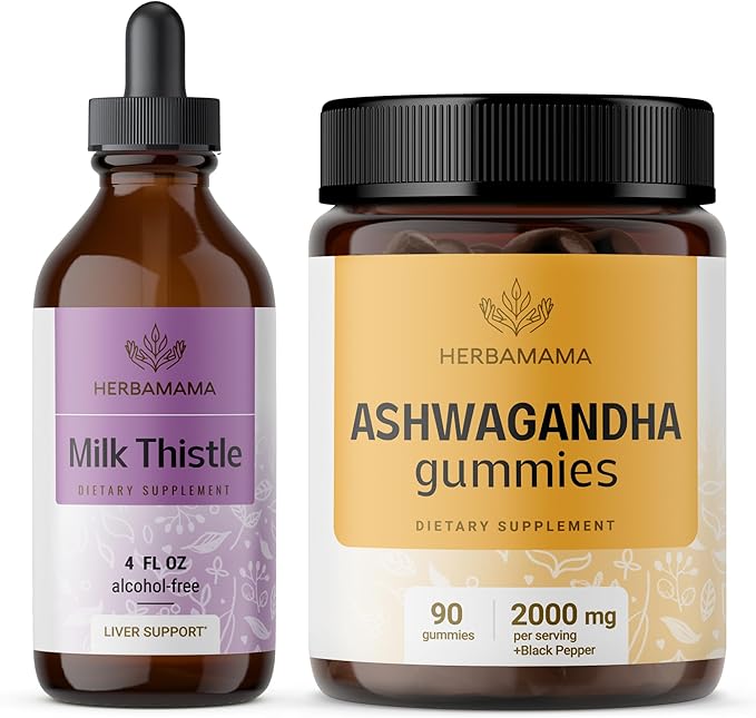 HERBAMAMA Milk Thistle and Ashwagandha Kit - Bundle of Milk Thistle Extract &amp 2000 mg Ashwagandha Root Gummies - Vegan Non-GMO Alcohol-Free - 2 Pack