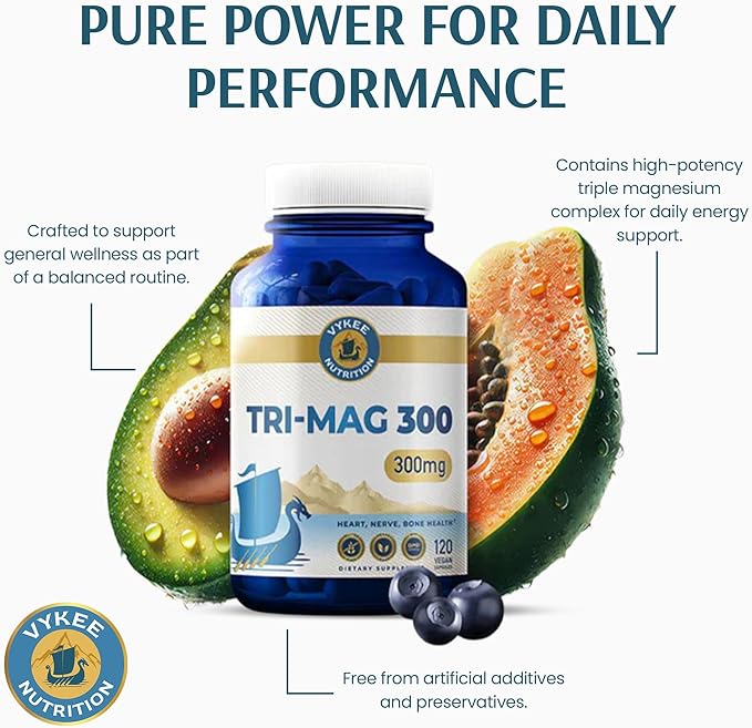 Vykee Nutrition Tri-Mag 300 Triple-Source Magnesium Complex – Supports Heart Nerve and Bone Health – Vegan Non-GMO Gluten-Free – 300 mg 120 Count