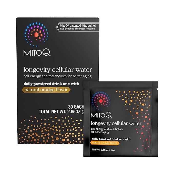 MitoQ Longevity Cellular Water Daily Powdered Drink Mix Natural Orange Flavor - Mitochondria-targeted Antioxidant - Cell Energy and Metabolism for Better Aging (Orange 30 Packets)