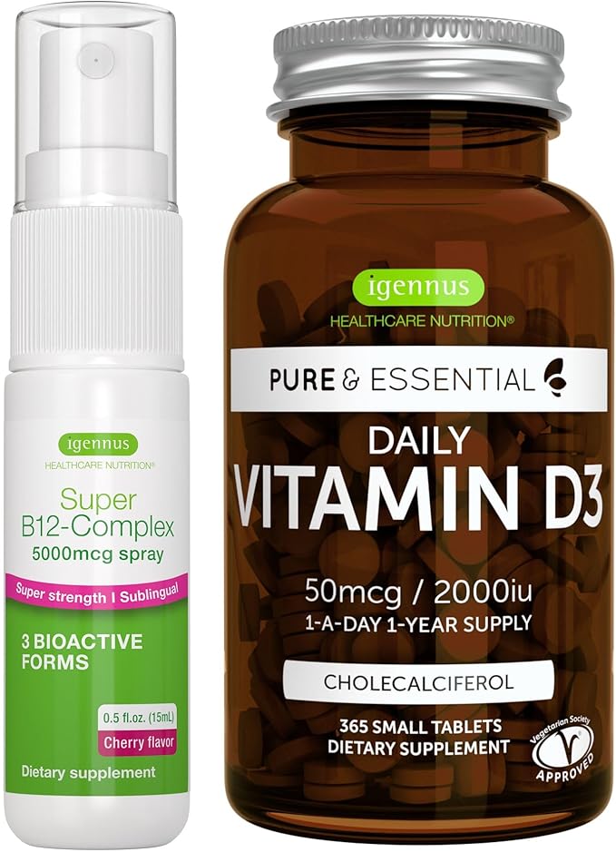 Daily Vitamin D3 + Super B12-Complex 5000mcg Vegetarian Bundle 365 2000iu Vitamin D3 Tablets + High Strength B12 Cherry Flavor Sublingual Spray by Igennus