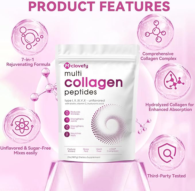 Multi Collagen Protein Powder 2lbs-Unflavored with Hyaluronic Acid &amp Vitamin C Skin Hair &amp Joint Support 32 Oz