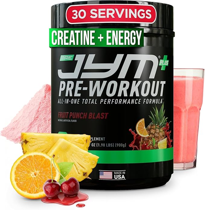 JYM Supplement Science Pre JYM Plus Fruit Punch Pre-Workout Powder Amino Nitrates Creatine Betaine Nootropics BCAA’s for Men &amp Women 30 Servings