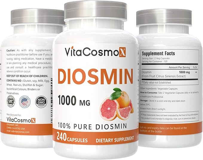 Diosmin Capsules 240 Count 1000 mg Serving Vegan Citrus Bioflavonoids 100% Vegetarian Non-GMO &amp Gluten Free Diosmin Supplement with Max Strength - 2 Packs