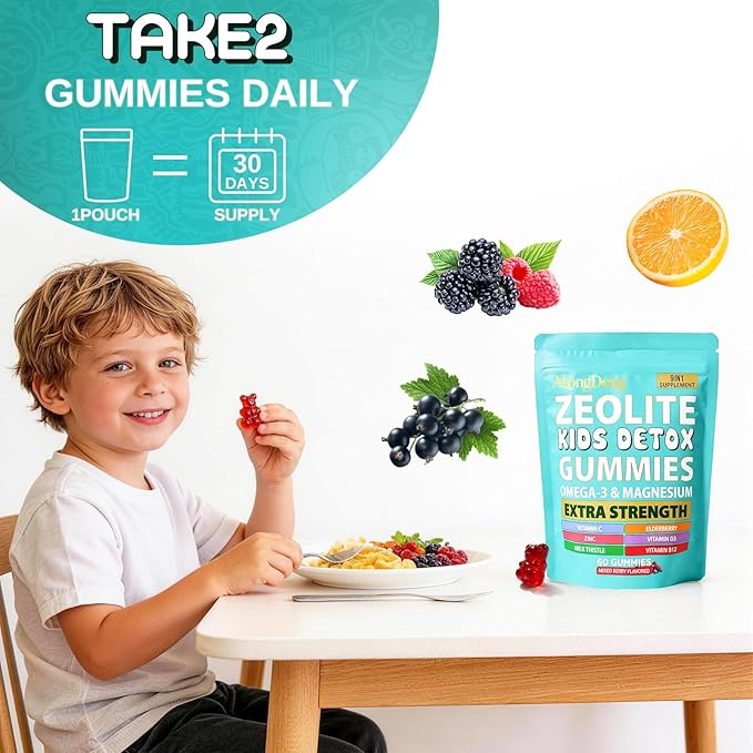 ALongDeng Zeolite Kids Gummies 9-in-1 with Zeolite Magnesium Elderberry Vitamin C Vitamin D3 Zinc B12... – Sugar-Free (60 Gummies – Mixed Berry Flavor)