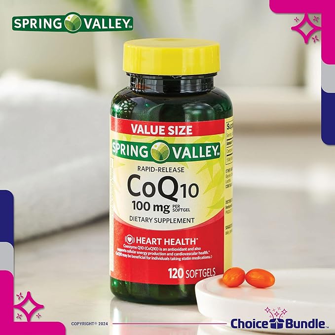 Choice Bundle Spring Valley Rapid-Release CoQ10 Coenzyme Q10 100 mg Softgels 120 CT 2 pk (240 Total) + Vitamin Guide &amp Pill Container (4 Items)!