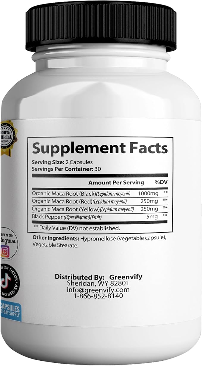 Revira MAX Organic Maca Root Supplement Black Red Yellow Maca with Black Pepper 60 Capsules 30-Day Supply (3)