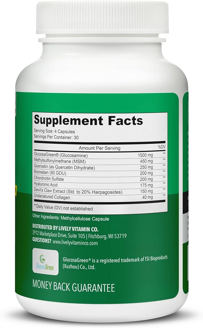 LIVELY VITAMIN CO. Joint Jive - Lubricate Joints (Knee Ankle Neck Shoulder Back) - Collagen - Glucosamine - MSM - Quercetin - Chondroitin - Devils Claw - Shellfish-Free Formula - 120 Count
