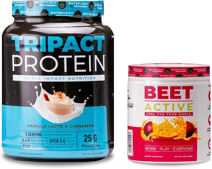 Nutrology TRIPACT Protein Powder 7-in-1 Meal Replacement Shake Vanilla Latte Cinnamon Flavor (20 Servings) Beet Active Natural Pre-Workout Powder Passion Fruit Flavor (30 Servings)