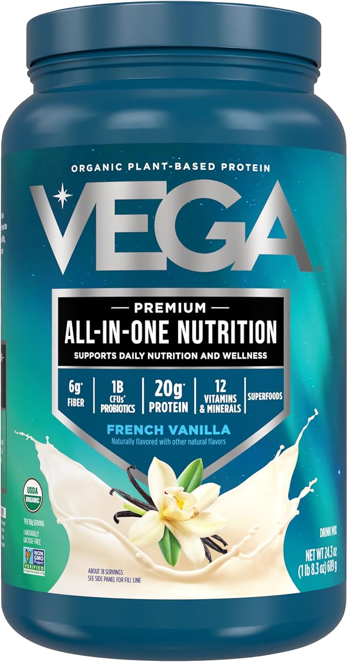 Vega Organic All-in-One Vegan Protein Powder French Vanilla -Superfood Ingredients Vitamins for Immunity Support Keto Friendly Pea Protein for Women &amp Men 1.5 lbs (Pack of 1)
