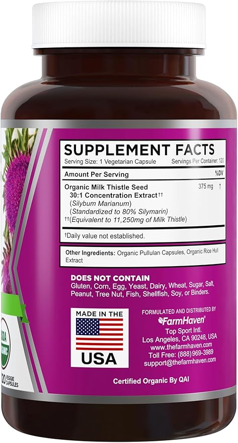 FarmHaven USDA Organic Milk Thistle Capsules | 30X Concentrated Seed Extract &amp 80% Silymarin Standardized - Supports Liver Function and Overall Health | Non-GMO | 240 Vegan Capsules