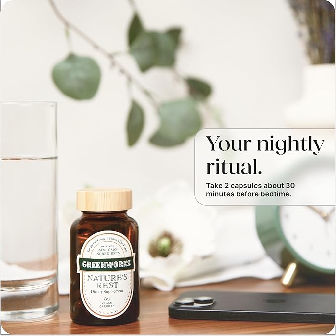 Greenworks Nature's Rest Melatonin-Free Sleep Aid Organic Herbal Blend with Ashwagandha Valerian Chamomile &amp Passionflower Non-Habit Forming Vegan Capsules for Restful Sleep 60 Count