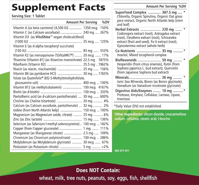 One n Only Whole Food Multivitamin by Pure Essence - Super Energetic Once a Day with Superfoods Minerals Enzymes Vitamin D D3 B12 Biotin - 30 Tablets
