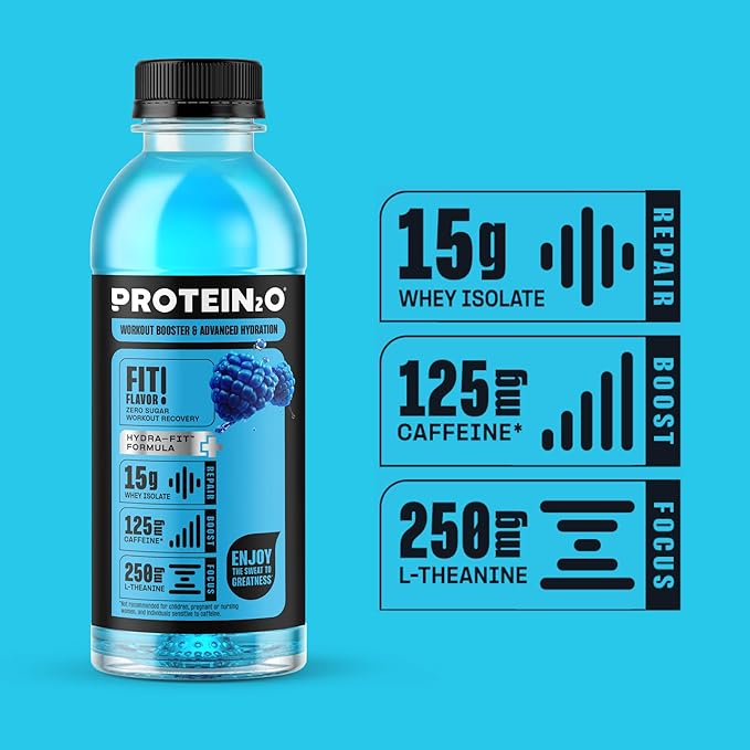 Protein2o 15g Whey Protein Isolate Hydration Drink Plus Energy &amp Focus350mg Electrolytes125mg CaffeineSugar FreeBlue Raspberry16.9 oz Bottle(Pack of 24)