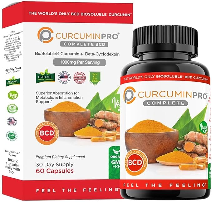 curcuminpro Complete BCD | 30 Day Supply | World's Only BioSoluble Vegan Beta Cyclodextrin &amp Organic Turmeric Curcumin | Natural Joint &amp Muscle Support | Vegan | 60 Count