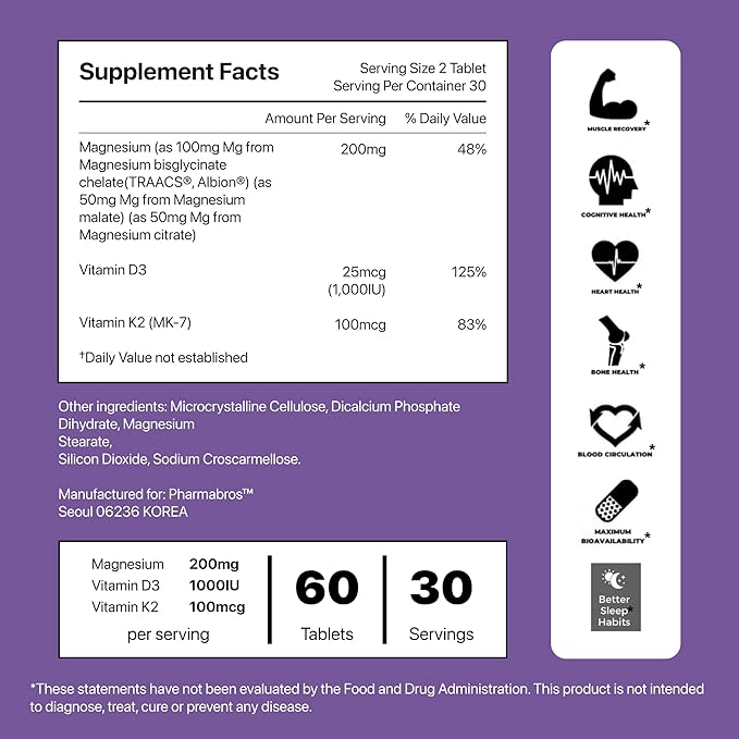 YDY Chelated Magnesium with K2 - Magnesium 200mg Vitamin D3 25mcg K2 100mcg - High Absorption Supports Muscle Bone Nerve Sleep - 60 Tablets