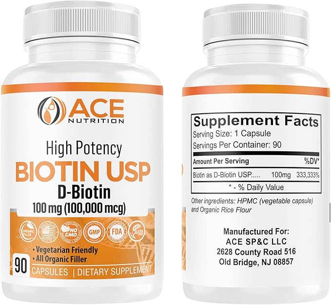 High Potency Biotin USP (D-Biotin 100000mcg) - Superior Biotin Organic Rice Flour Vegetarian Capsules For Hair Skin &amp Myelin Health Made in the USA (100mg/90 Capsules)