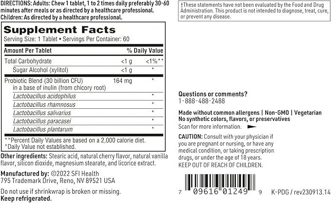 Klaire Labs SFI Health Prodegin Chewable Probiotic - Powerful Oral Health Support 30 Billion CFU Blend with L. salivarius for Men &amp Women Hypoallergenic Post-Bariatric &amp GI Support (60 Table