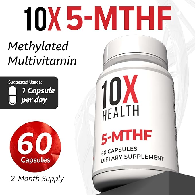 10X Health 5-MTHF Methylfolate - Methylated Folate &amp Magnesium for Brain Heart Health DNA &amp Neurotransmitter Synthesis - Bioavailable Methyl Folate Supplement - Methylfolate Supplement 60 Ca