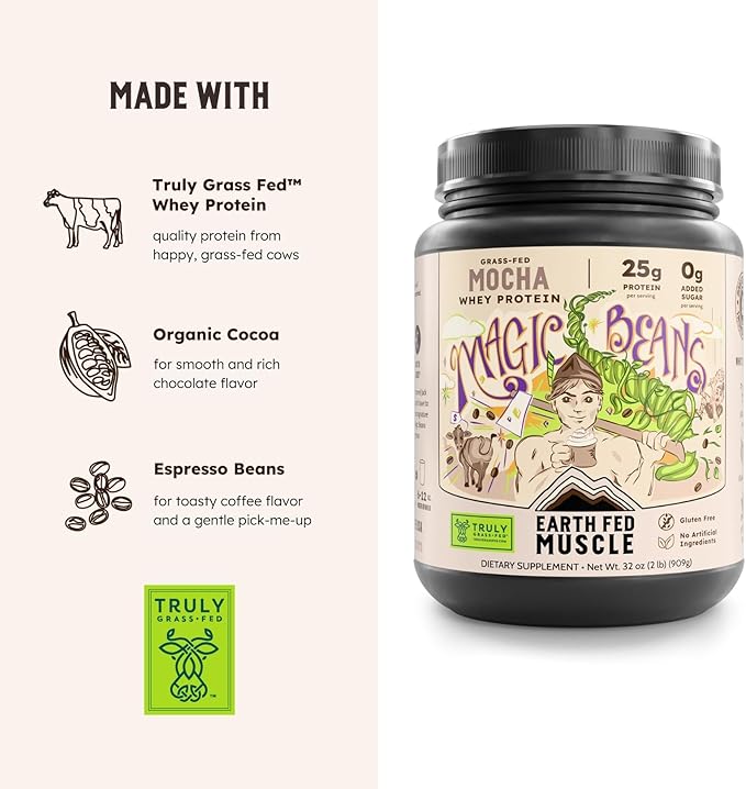 Earth Fed Muscle Magic Beans Mocha Truly Grass Fed Whey Protein Powder - No Artificial Ingredients Soy Free Gluten Free Non-GMO and Hormone Free (2 Pound 29 Servings Mocha)